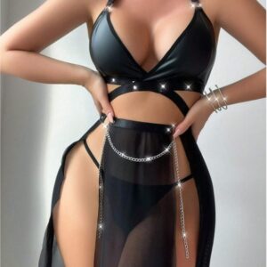 Mesh Patent Leather Chain Strap Backless Set