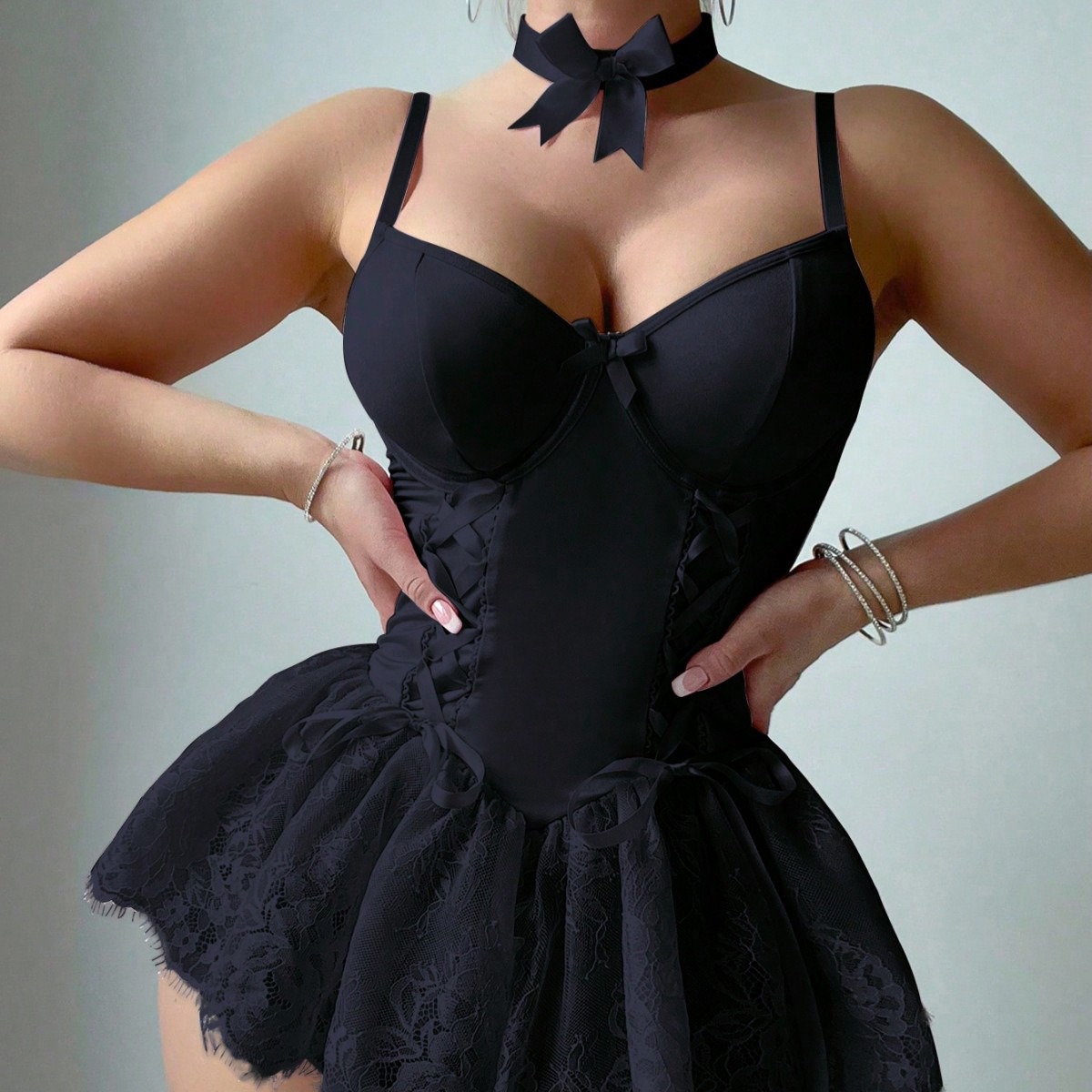 Retro Deep V-Neck Lace One-Piece Lingerie - Image 2