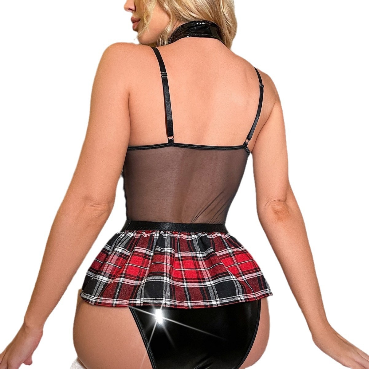Sexy patent leather strap checkered jumpsuit lingerie, no take off uniform, small chest, pure desire to see through pajamas - Image 5