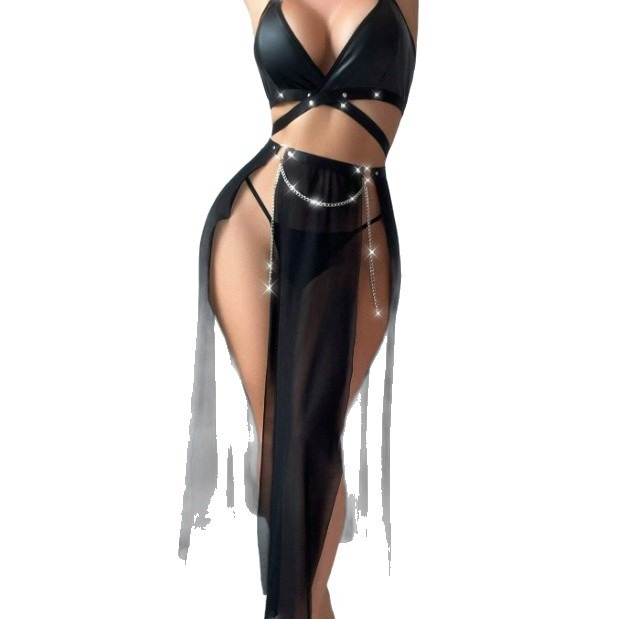 Mesh Patent Leather Chain Strap Backless Set - Image 5