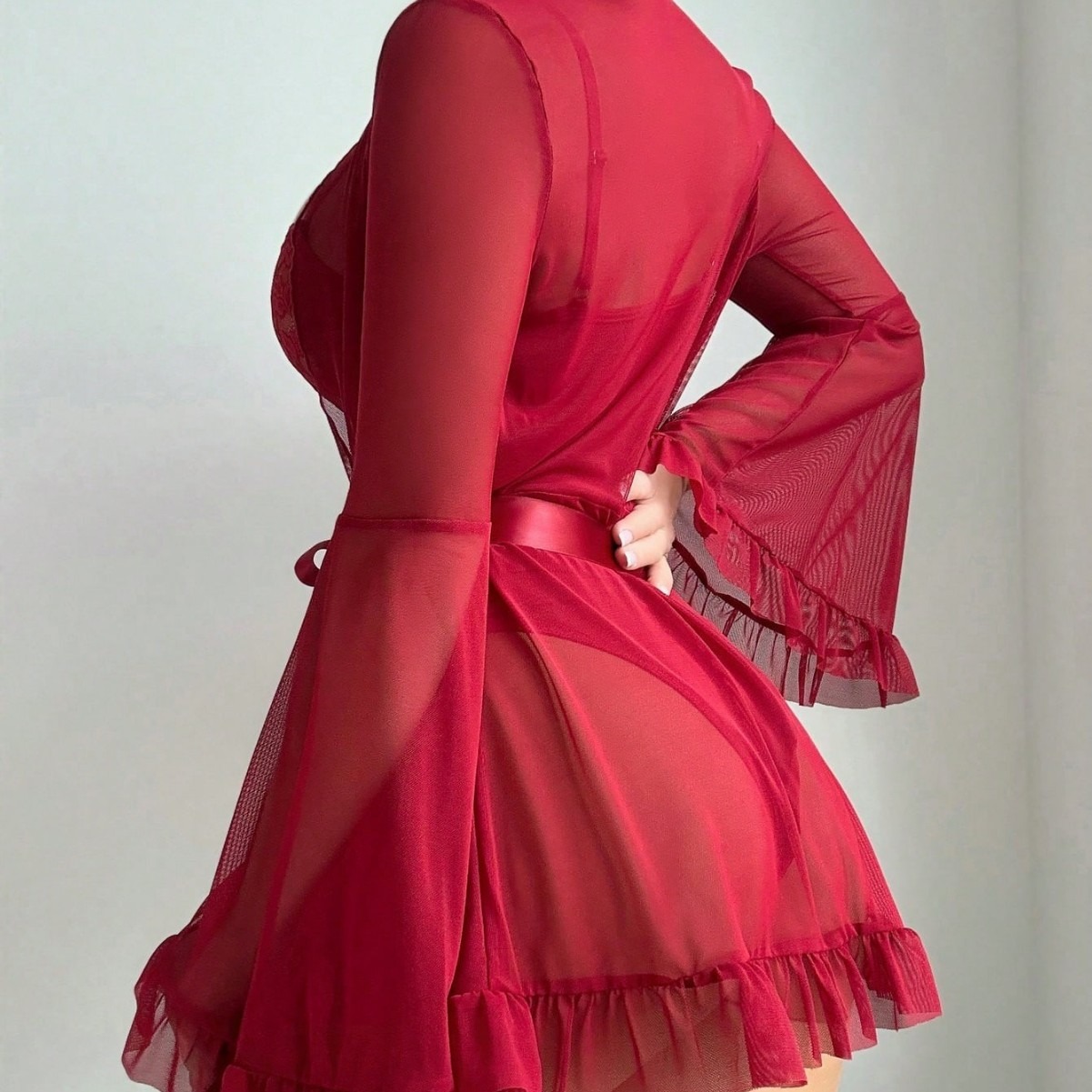 Lace One-Piece Flare Sleeve Belted Lingerie Set with Stockings - Image 2