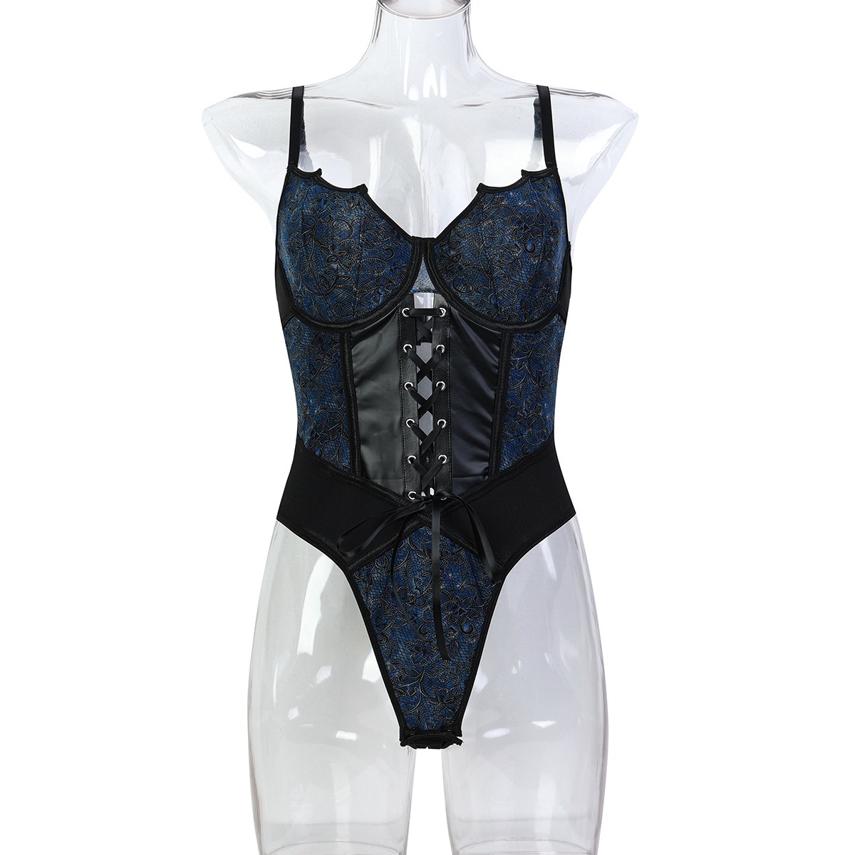 Print Mesh and PU Leather Cross-Tie Bow Lingerie - Image 6