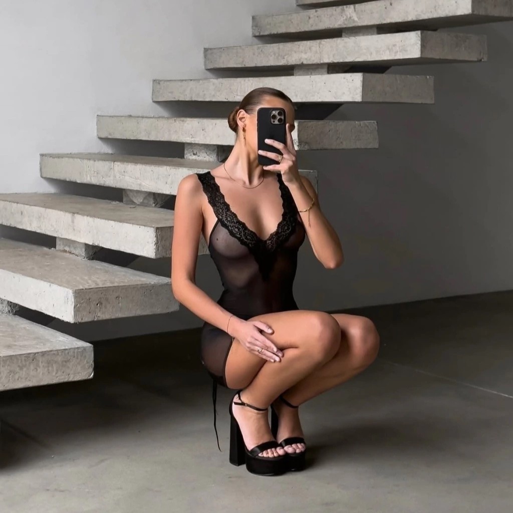 Two-Piece Set : Lace Trim Transparent Mesh Lingerie - Image 5