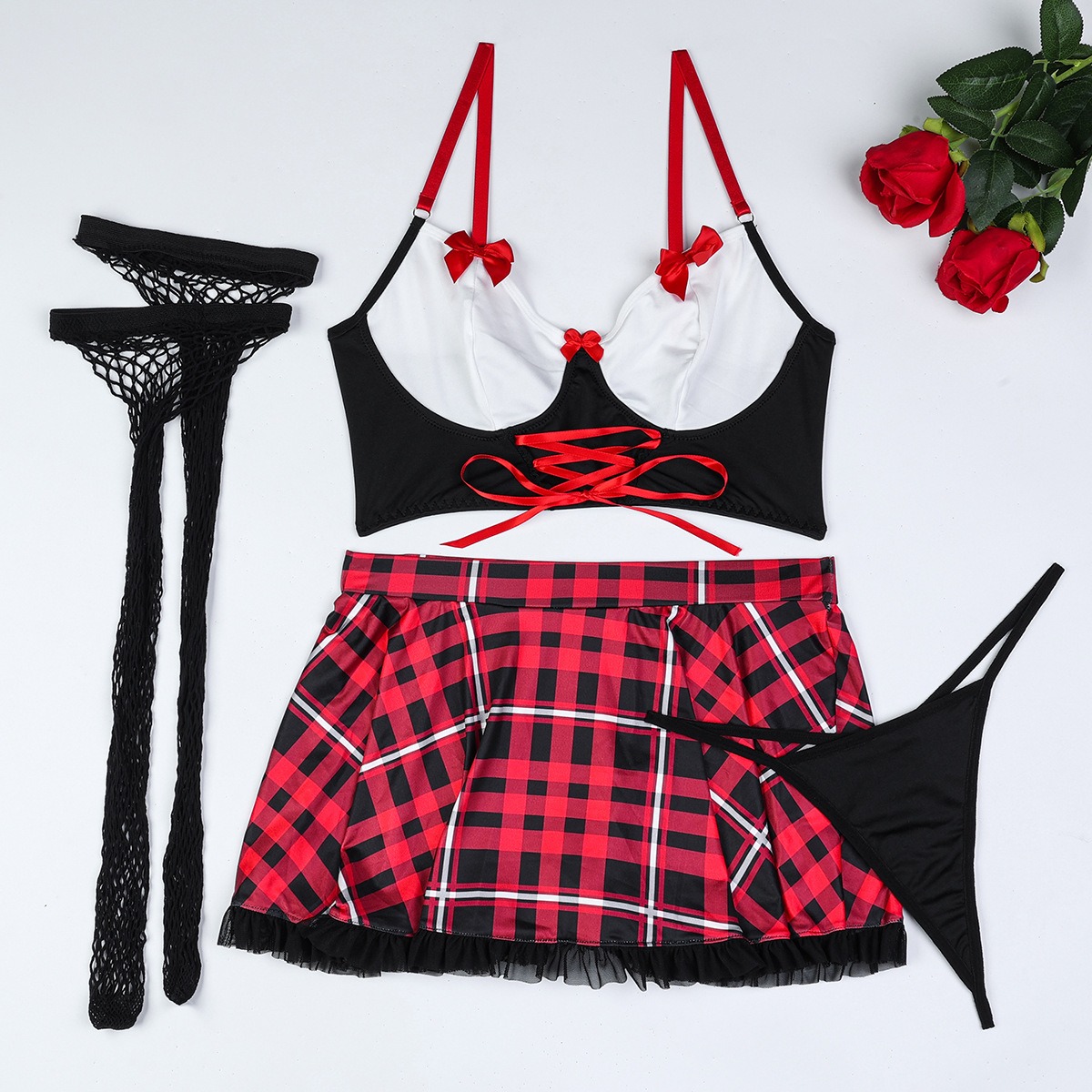 Set with Uniform Bow Red Plaid Ribbon Lingerie - Image 6
