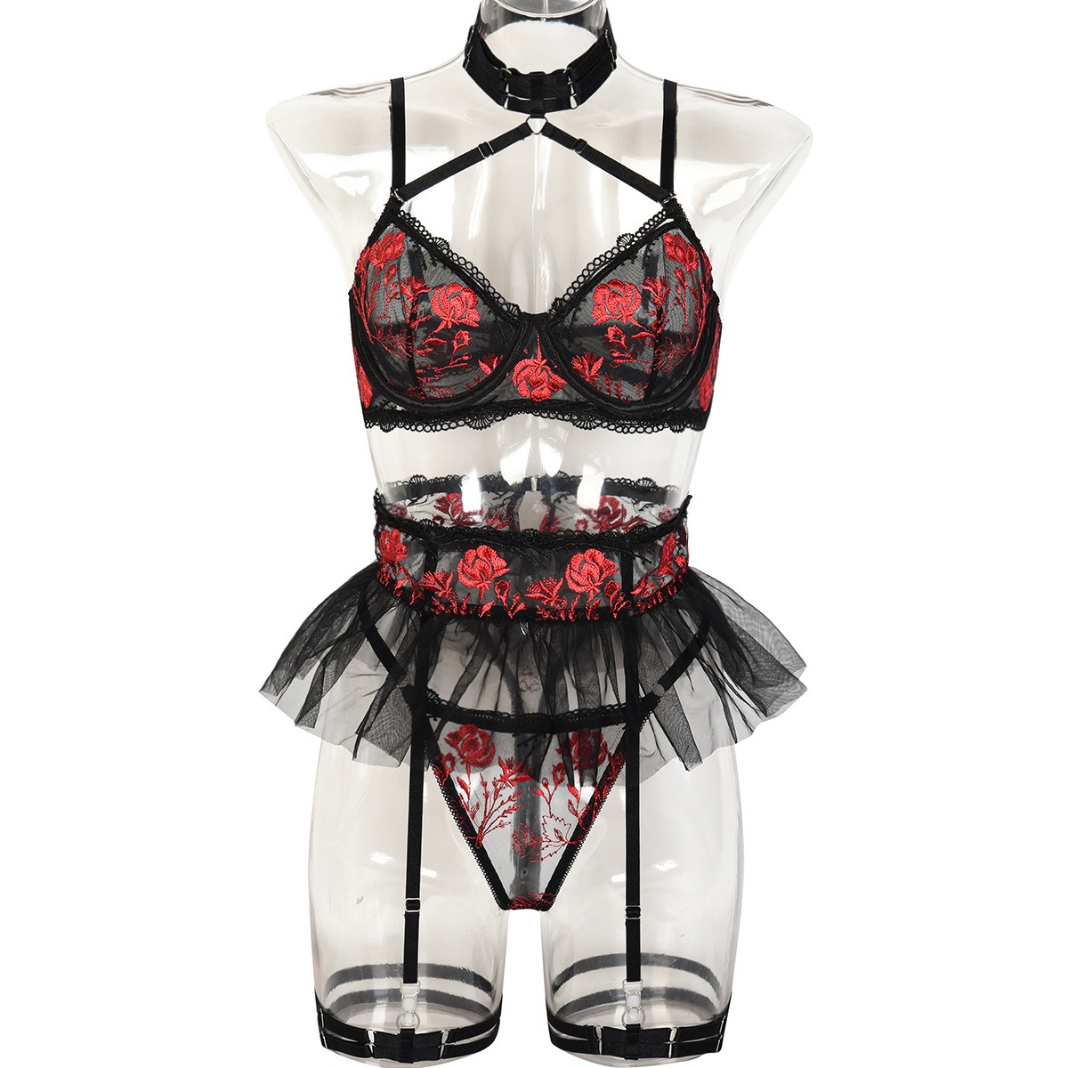 Floral Embroidery Strapless Halter Four-Piece Set - Image 6