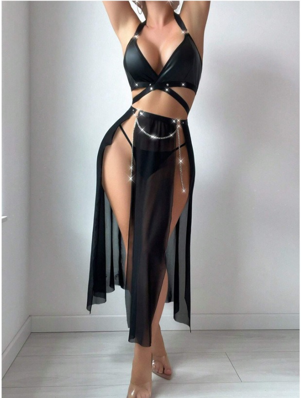 Mesh Patent Leather Chain Strap Backless Set - Image 6