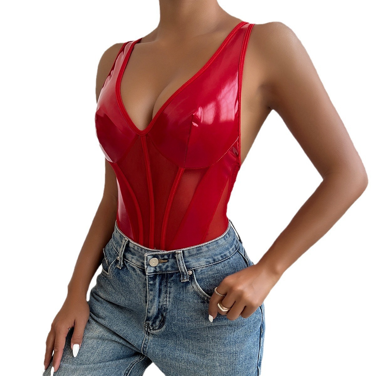 V-neck Spliced PU Reflective Leather Jumpsuit - Image 4