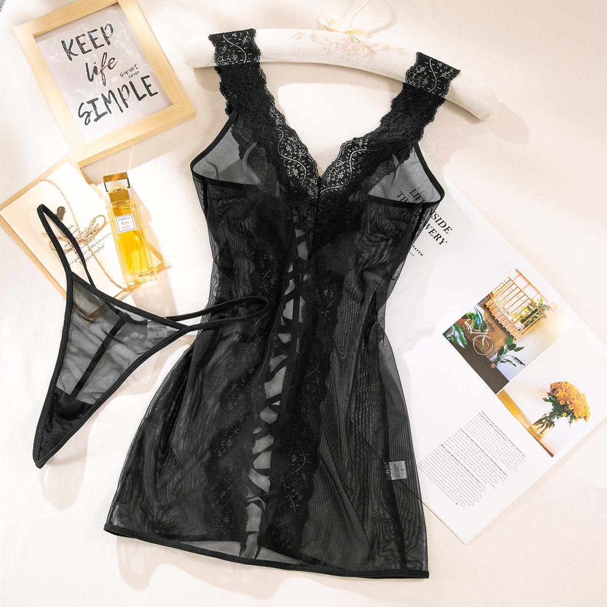 Two-Piece Set : Lace Trim Transparent Mesh Lingerie - Image 6