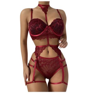 Three Piece Lace See Through Lingerie Tie Neck Garter Belt With Leg Loops Straps