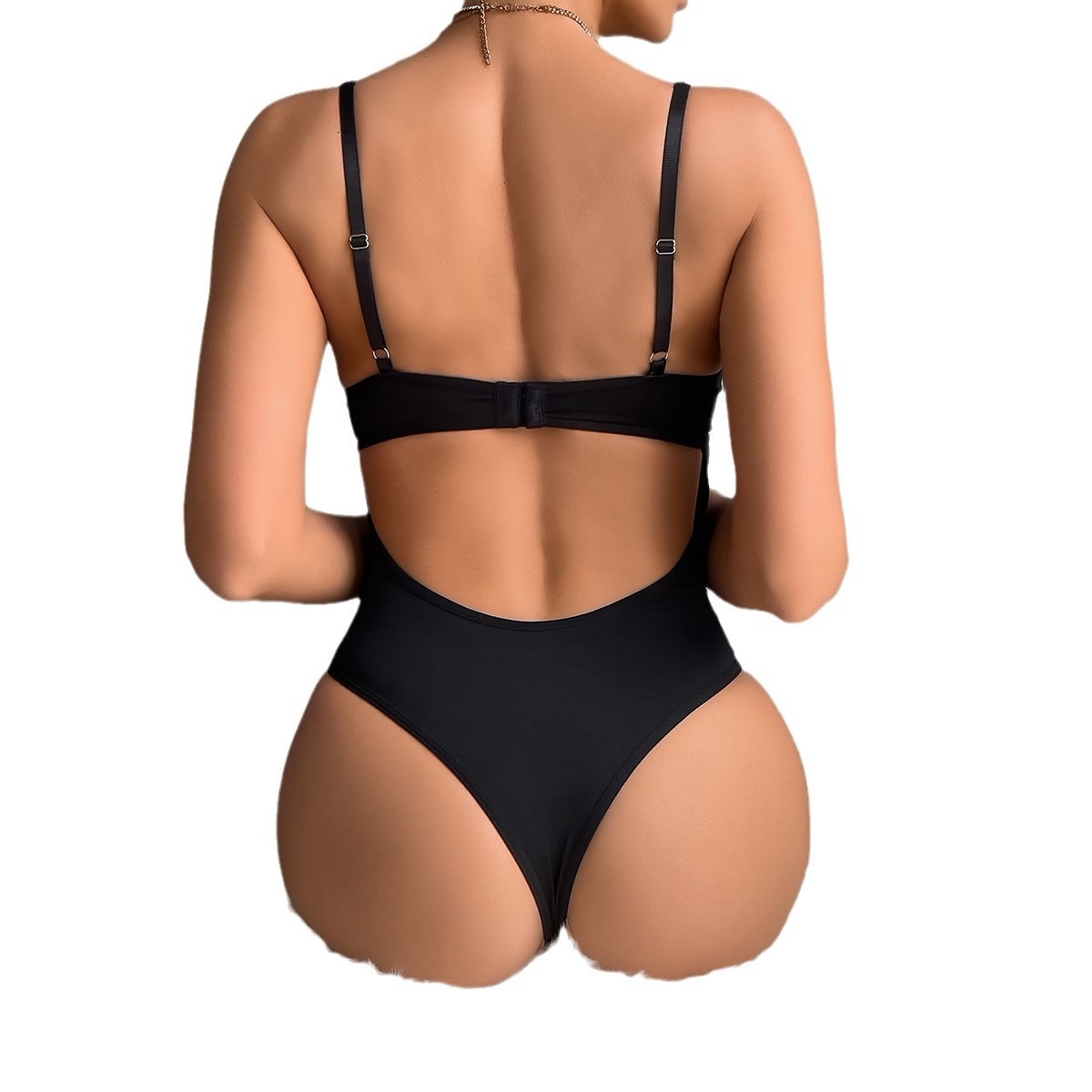 Print Mesh and PU Leather Cross-Tie Bow Lingerie - Image 5